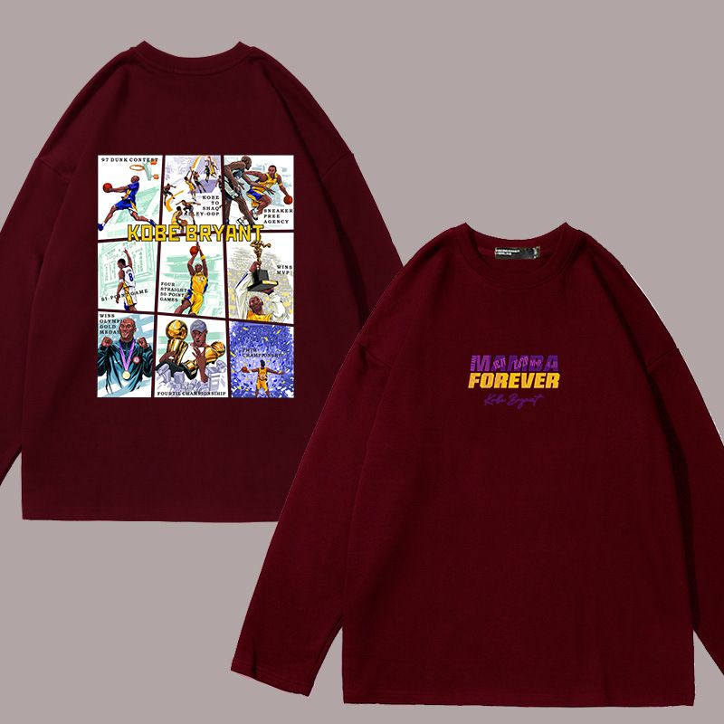Fronte Retro Stampa Grande e Basket Kobe Nine Grid Maglietta a Maniche Lunghe per Uomo e Donna, Larga in Puro Cotone alla Moda_voghion.com