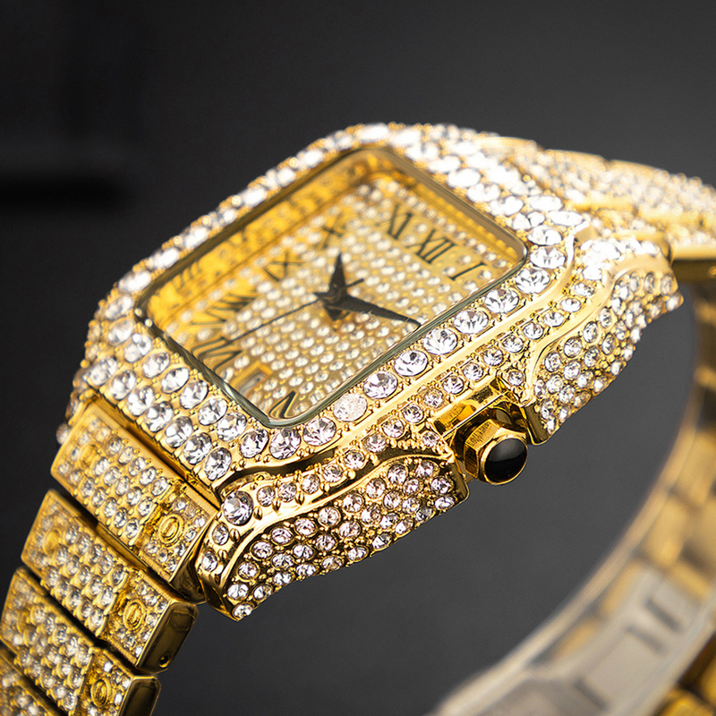 Men's Fashion Square Watch With Full Diamond Accents, Roman Numerals, And Quartz Movement - Waterproof, Stainless Steel Band, Mineral Glass_voghion.com