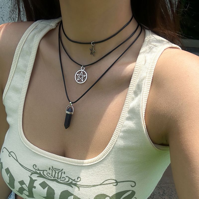 Hazır Stok 3 Adet/Takım Goth Boho Beşgen Yıldız Kristal Deri Balmumu İplik Zincir Kolye Kadınlar için Çok Katmanlı Gerdanlık Cadılar Bayramı_voghion.com