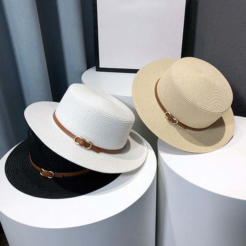 Französischer Strohhut für Damen, Sonnenschutz, Sommergras, gestrickt, flache Kante, für den Urlaub, Strand, Sonnenschutz_voghion.com