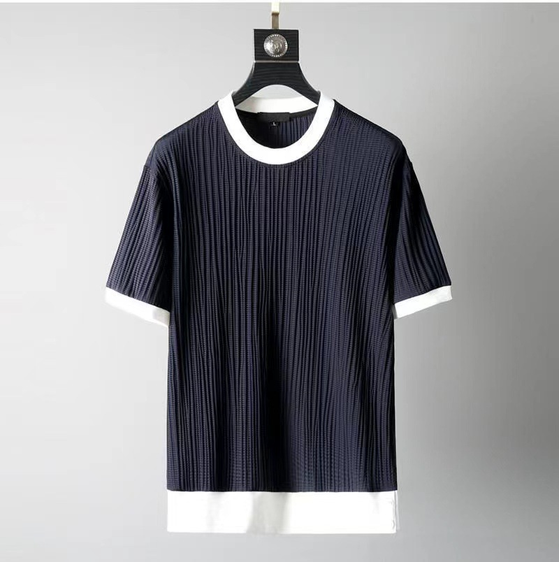 Men's Clothing Summer Thin Ice Silk Sports Men's Color Matching Pleated Large Size T Shirt Nine Point Pants Casual Two Piece Set Foreign Trade_voghion.com
