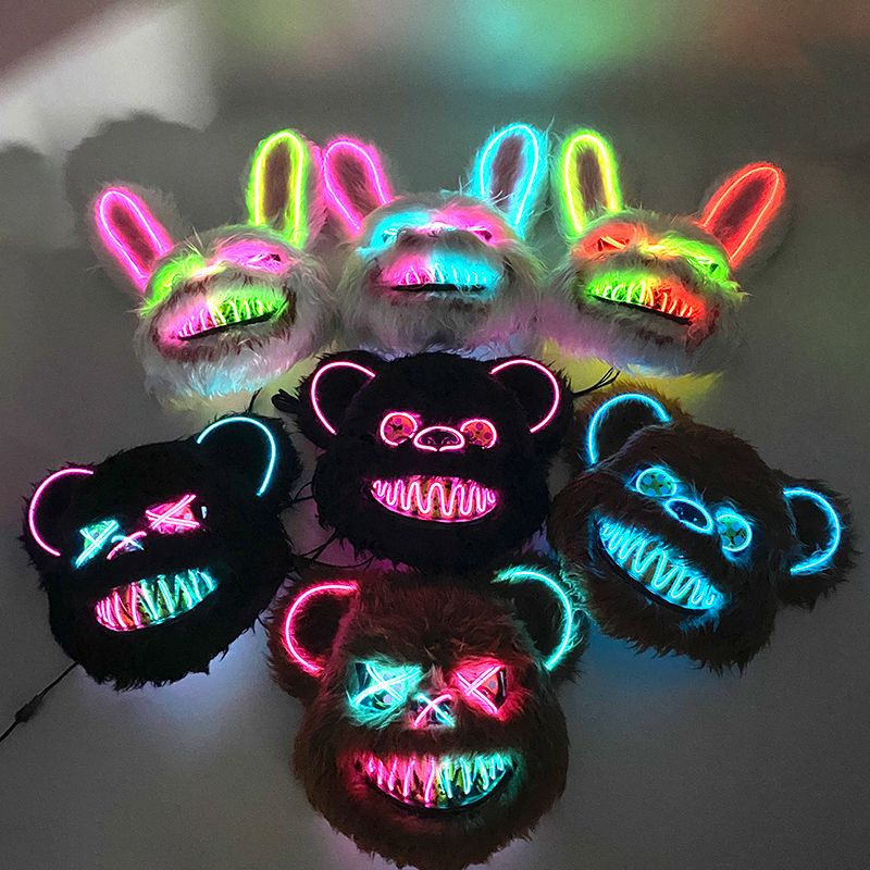 Máscara de coelho sangrento de LED, máscara de urso preto assassino brilhante, fantasia de festa de dança de Halloween, adereços de cosplay, máscara de coelho de pelúcia assassinado_voghion.com
