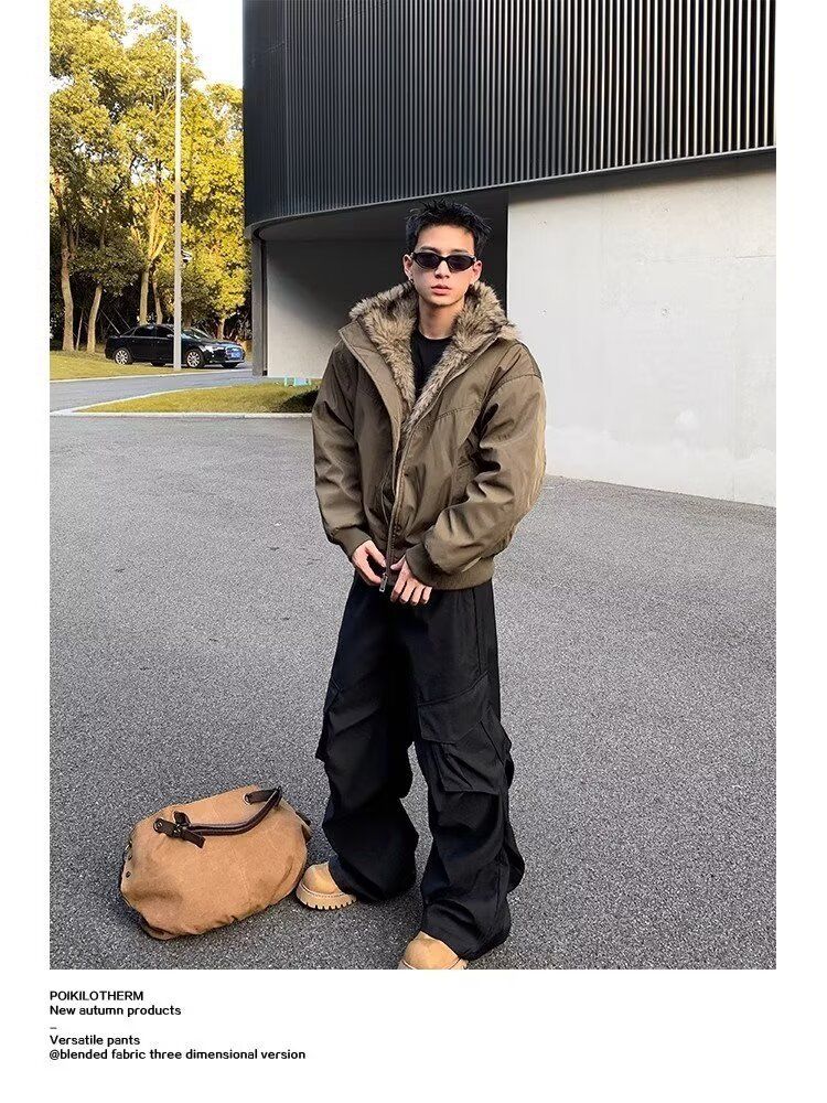 Herbstliche amerikanische Fliegerjacke mit Bergadler-Pelzkragen, gefüttert mit Baumwolle, Winterjacke mit dicker Verarbeitung_voghion.com