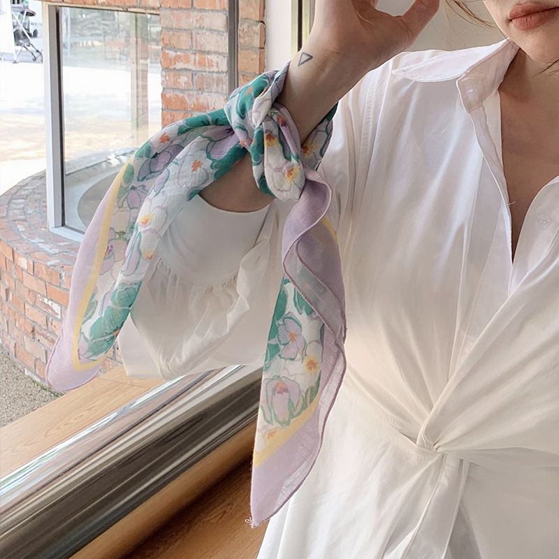 Summer thin cotton linen women's spring and autumn printed small square scarf, beach sun protection shawl decoration,_voghion.com