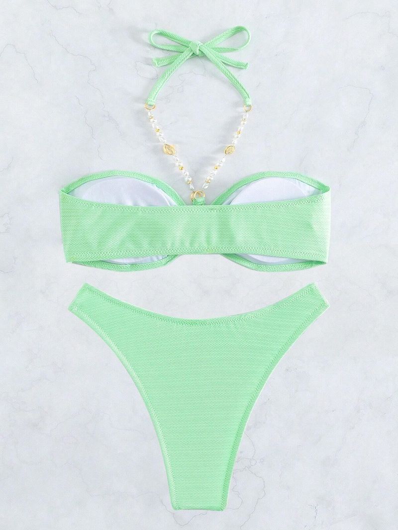 Dames bikini badpak vrouwelijke gras groene parel ketting halter nek tube top split badpak stijl_voghion.com