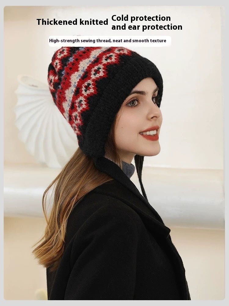 Cappello in lana lavorato a maglia a righe in stile etnico per autunno e inverno, spesso e caldo, protezione per le orecchie anti-freddo, versatile cappello freddo_voghion.com