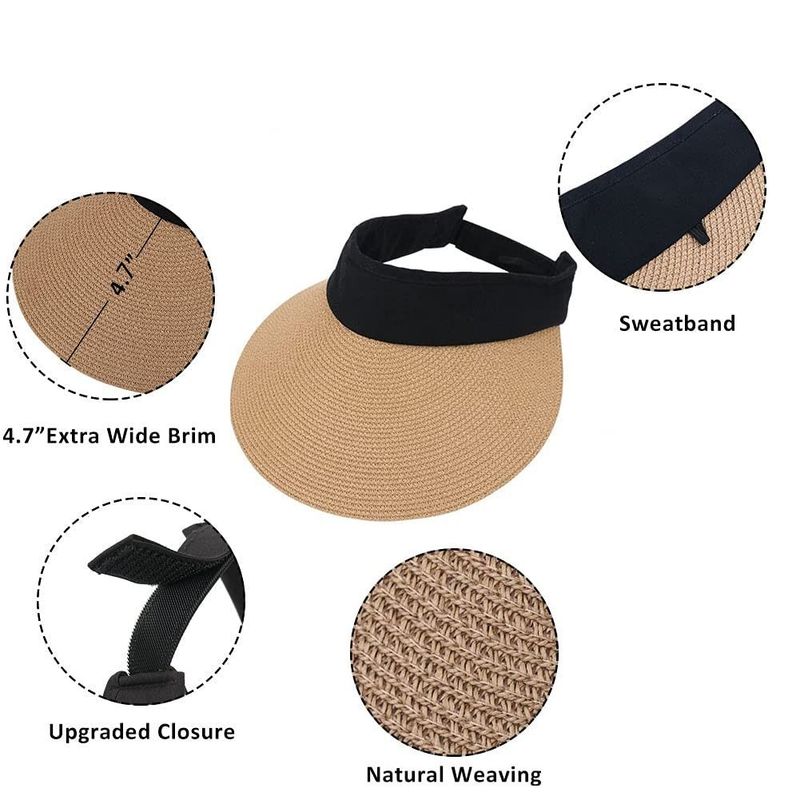 BABAHU Outdoor Women's Grass Weaving Sunshade Hat with Wide Brim Summer Empty Top Sun Hat Ponytail Braid Beach Hat Foldable_voghion.com