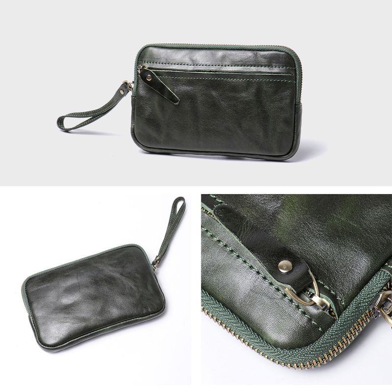 Genuine leather storage bag, key bag, high-end new vegetable tanned leather zipper handbag, cowhide zero wallet, large capacity card bag_voghion.com