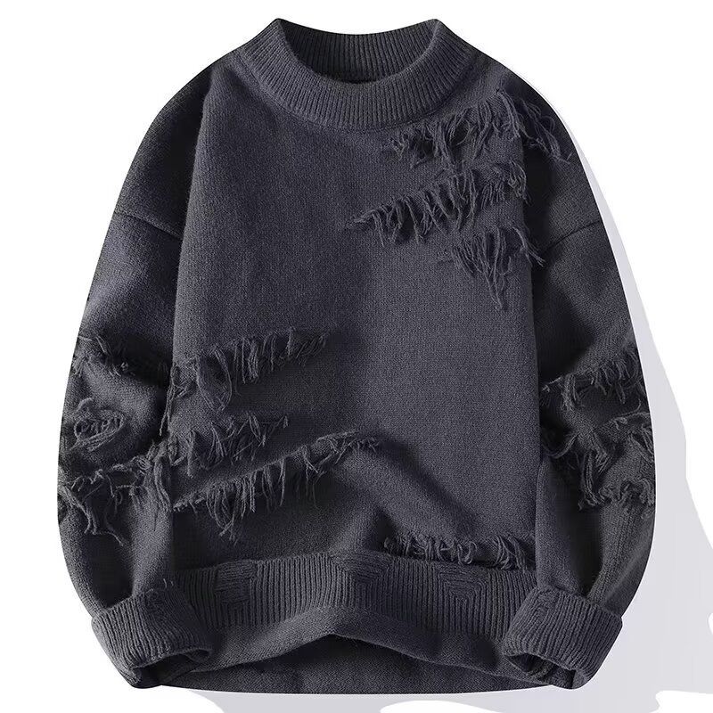Winter Herren Trendy Einfarbig Vielseitig Rundhals Langarm Dicke Basis Lazy Piercing Strickpullover_voghion.com