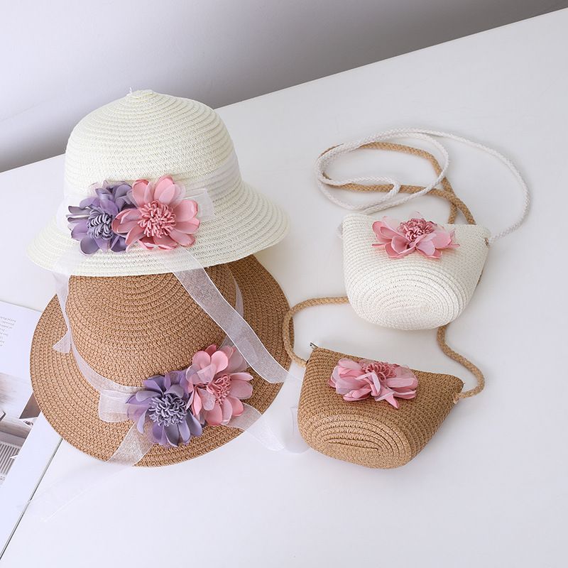 Neue Sommerkinderstroh-Eltern-Kind-kleine Umhängetasche Set Mädchen Baby Blume Fischertopf Big Eaf Sonnenblende Hut_voghion.com