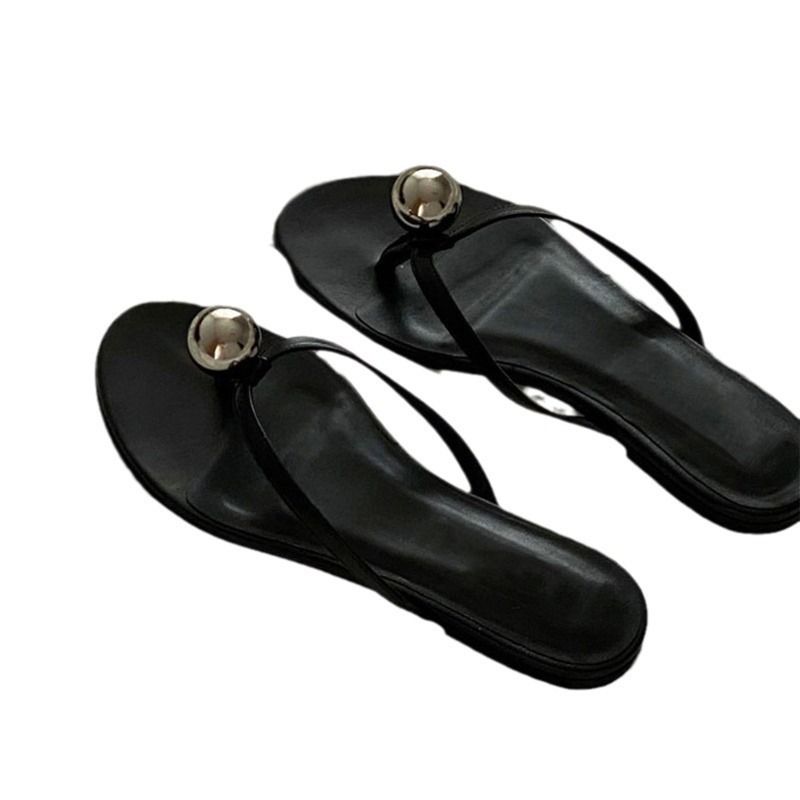 Versione in pelle di pecora ~ Infradito da esterno alla moda in vera pelle con perle in metallo per donna, estive, piatte, da spiaggia, a metà slip_voghion.com