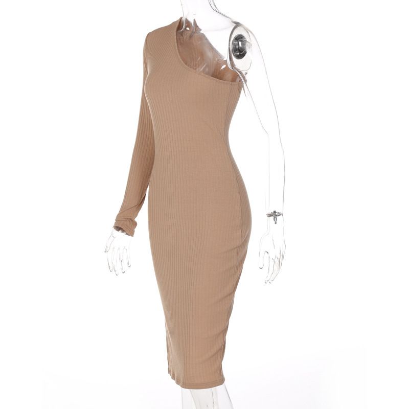 Rochie elegantă pentru femei, tricotată, cu crăpături înclinate pe umeri, de culoare uni, la modă_voghion.com