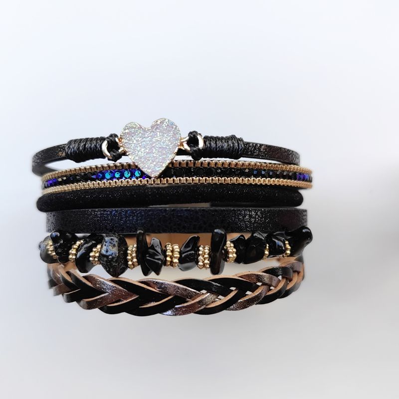 Multi Layer Fashionable Peach Heart Crushed Stone Leather Bracelet, Ladies' Magnetic Buckle Batch_voghion.com