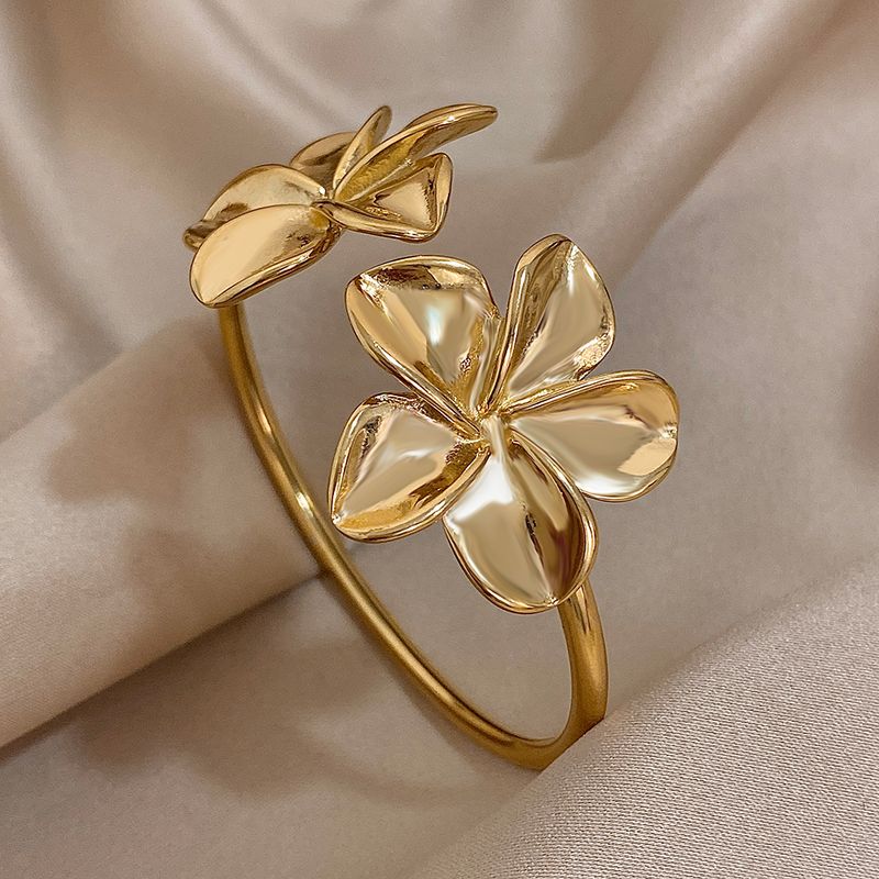 Bracciale rigido Greatera in acciaio inossidabile con doppio fiore per donna, braccialetti floreali in metallo color oro, gioielli da festa impermeabili_voghion.com