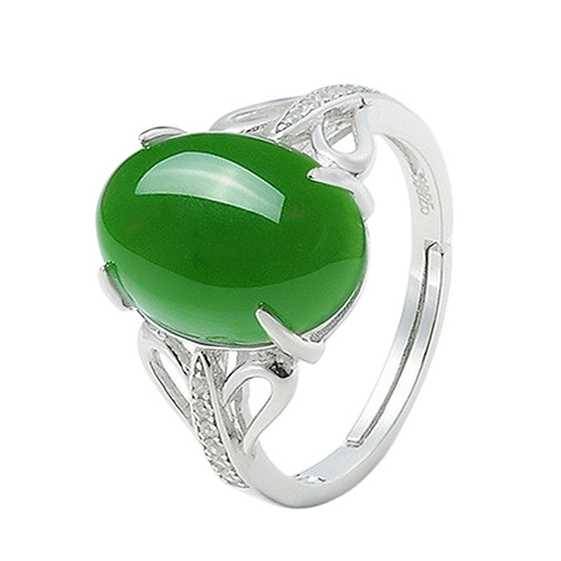 New Creative Green Agate Open Simple Diamond-Encrusted Ring Unisex Chalcedony Silver Jewelry_voghion.com