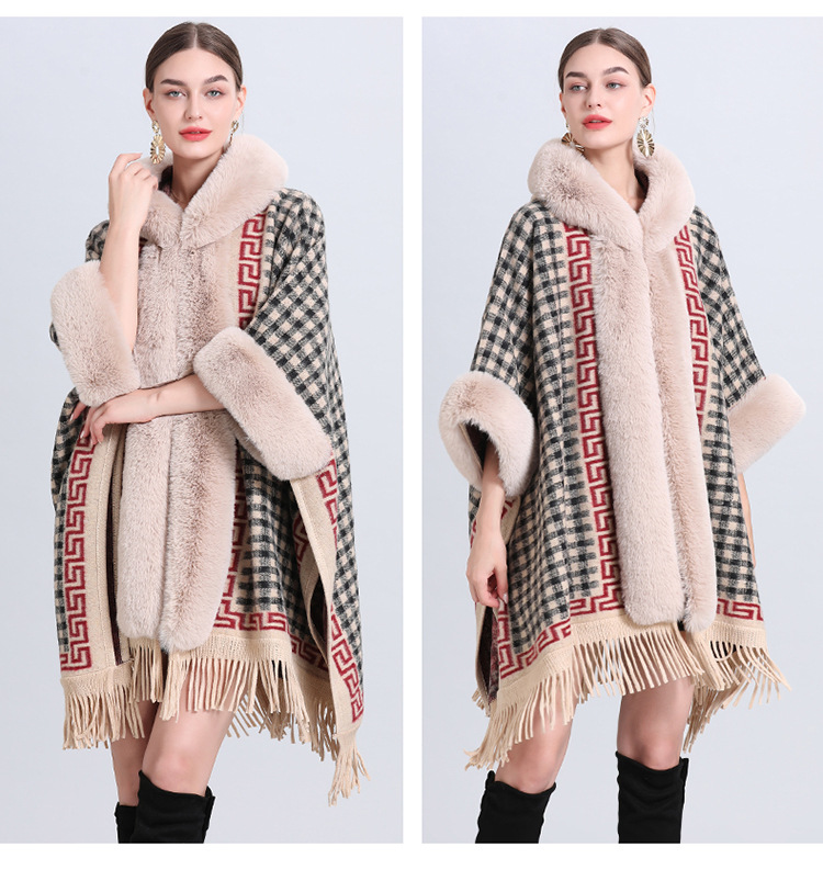 Women's fashion fur collar hooded fringe jacquard knitted shawl cape loose cardigan large size woolen coat_voghion.com