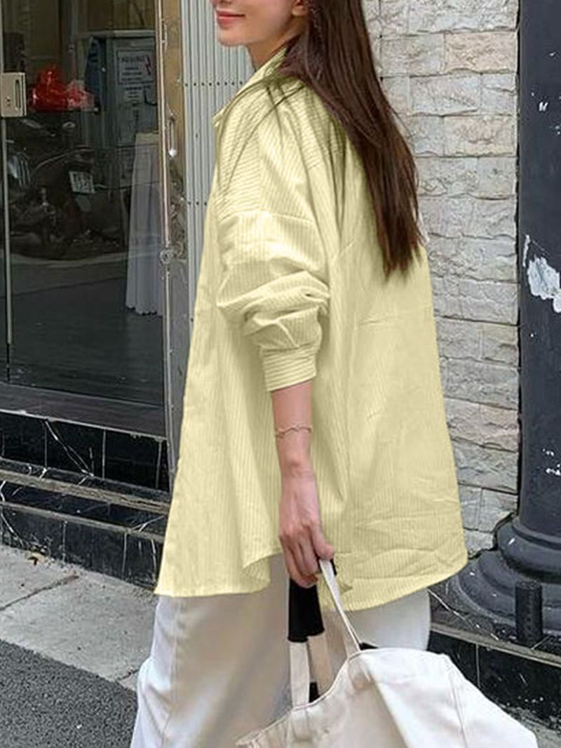 Women's Oversized Long Sleeve Shirt – Soft Cotton-Polyester Blend | Wrinkle-Free Striped Button-Up For Casual & Travel"_voghion.com