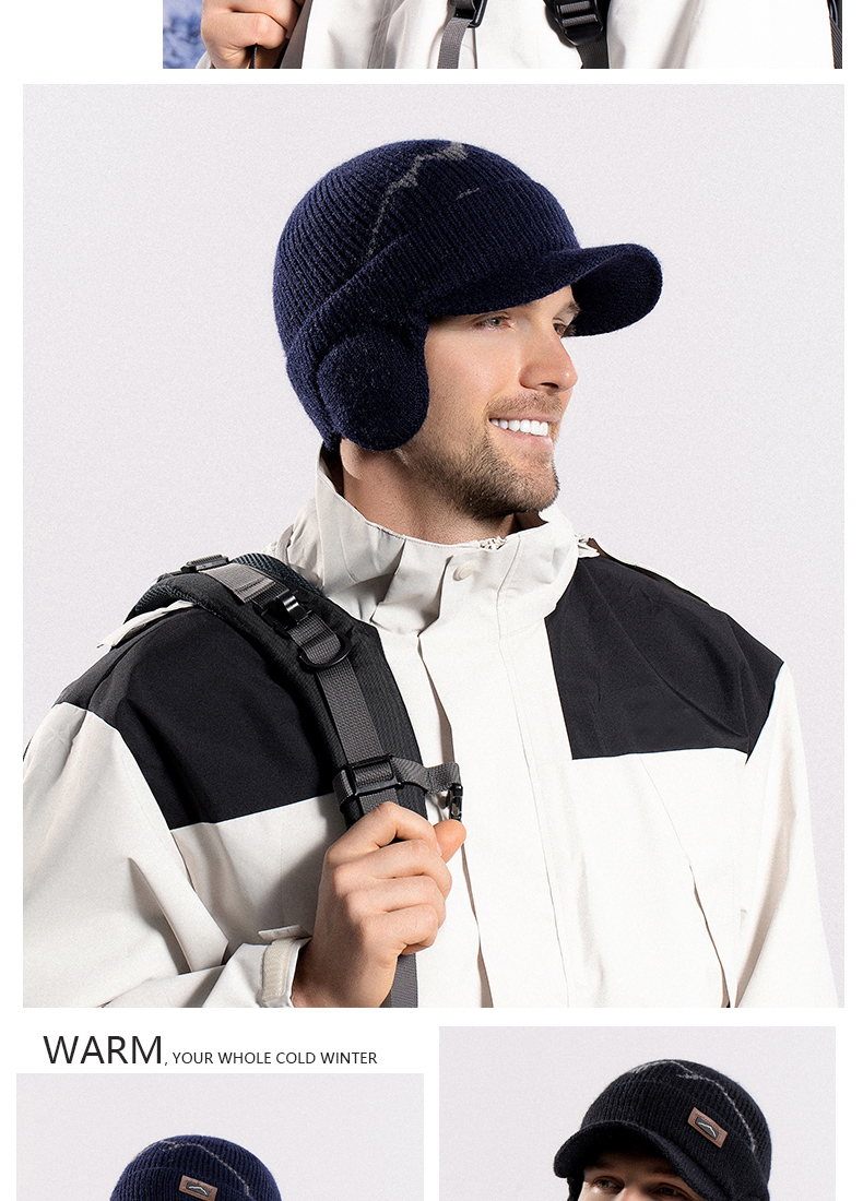 Herren-Skullies-Mützen mit Visier für Wärme, gestrickte Ohrenschützer, dicke, mit Wolle gefütterte Totenkopf-Ski-Baseballmütze, Winter-Outdoor-Reiten_voghion.com