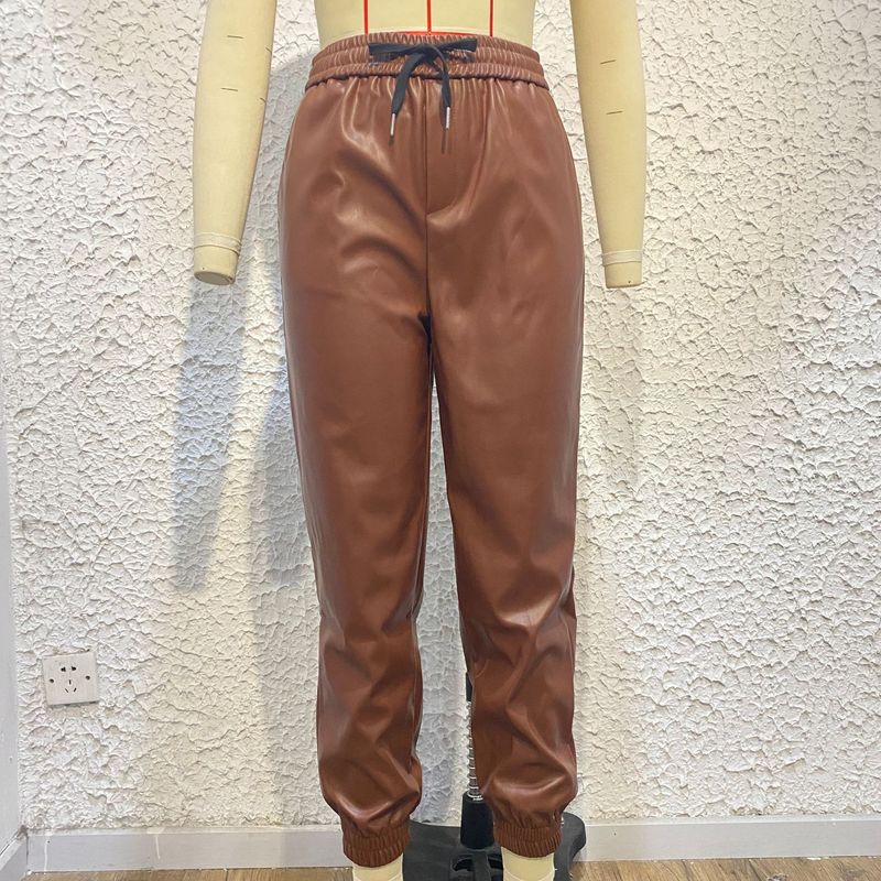 "Women's Mid Waist Casual Leather Pants – Long Fit With Pockets, Autumn/Winter Staple"_voghion.com