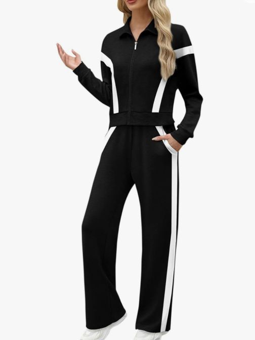 Women's Contrast Color Zip-Up Top With Striped Pants Casual Sporty Two-Piece Set - Black (S-Xxl)_voghion.com