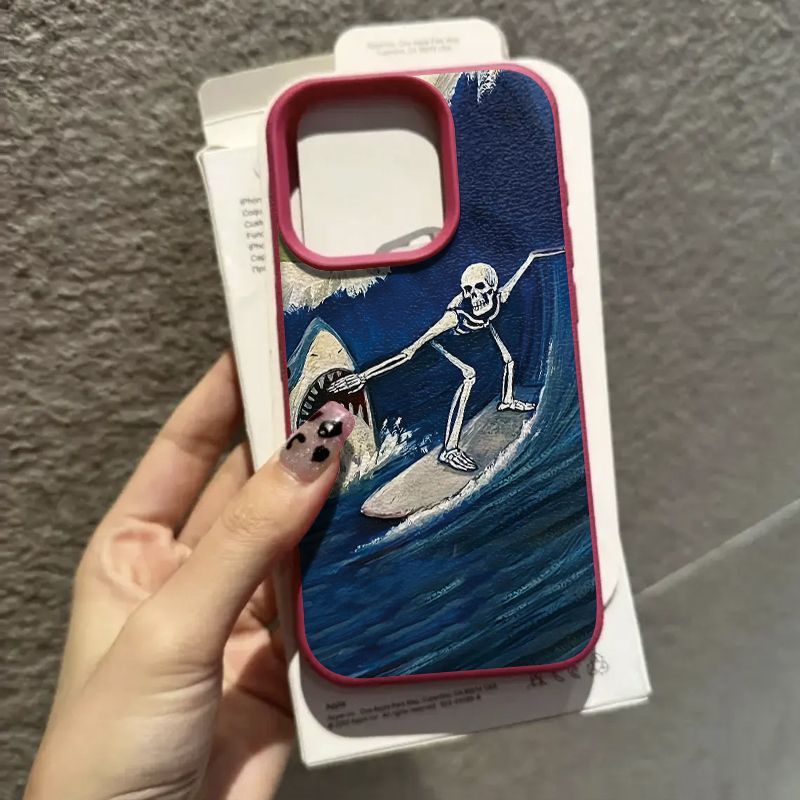 Lychee Pattern Surf Skull Compatible With IPhone 15 Pro Max Phone Case IPhone 14 Full Coverage 13 Pro/11_voghion.com