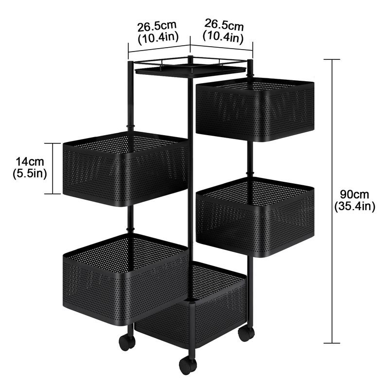 5 Tier Square Trolley Basket Rack Kitchen Storage Vegetable Cart With Wheels_voghion.com