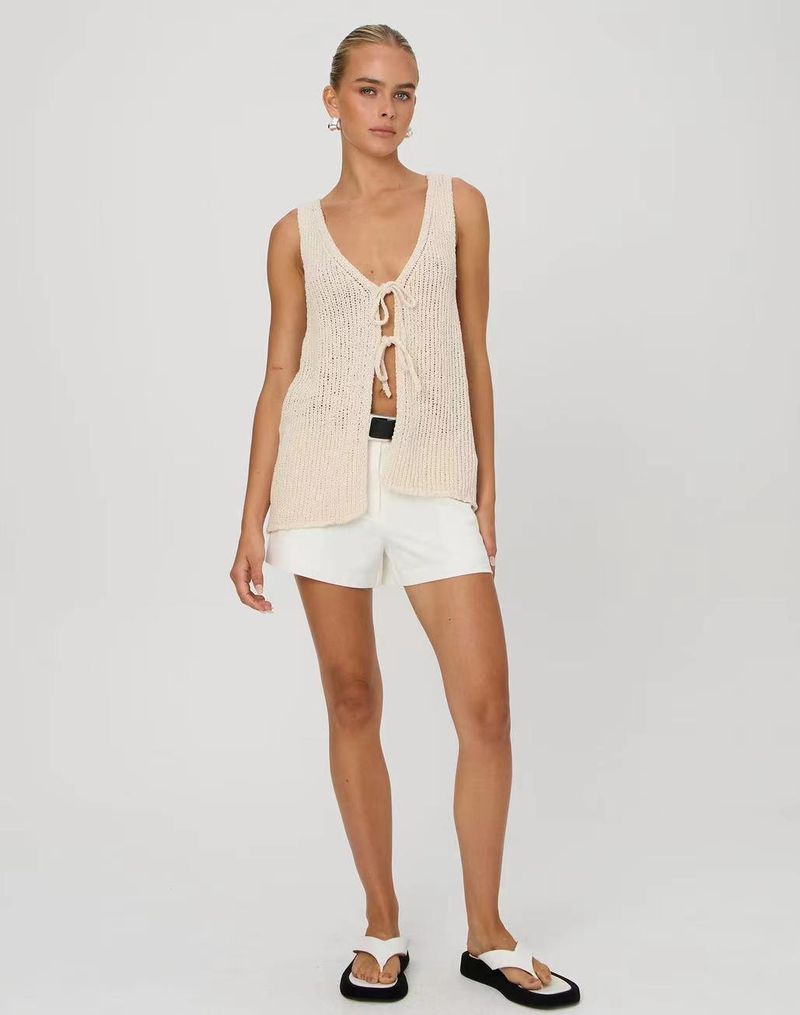 Gilet d'été sexy en tricot à col en V pour femme, ouvert sur le devant, sans manches, noué à la taille, en polyester doux, décontracté et élégant, S/M/L (noir, beige)_voghion.com