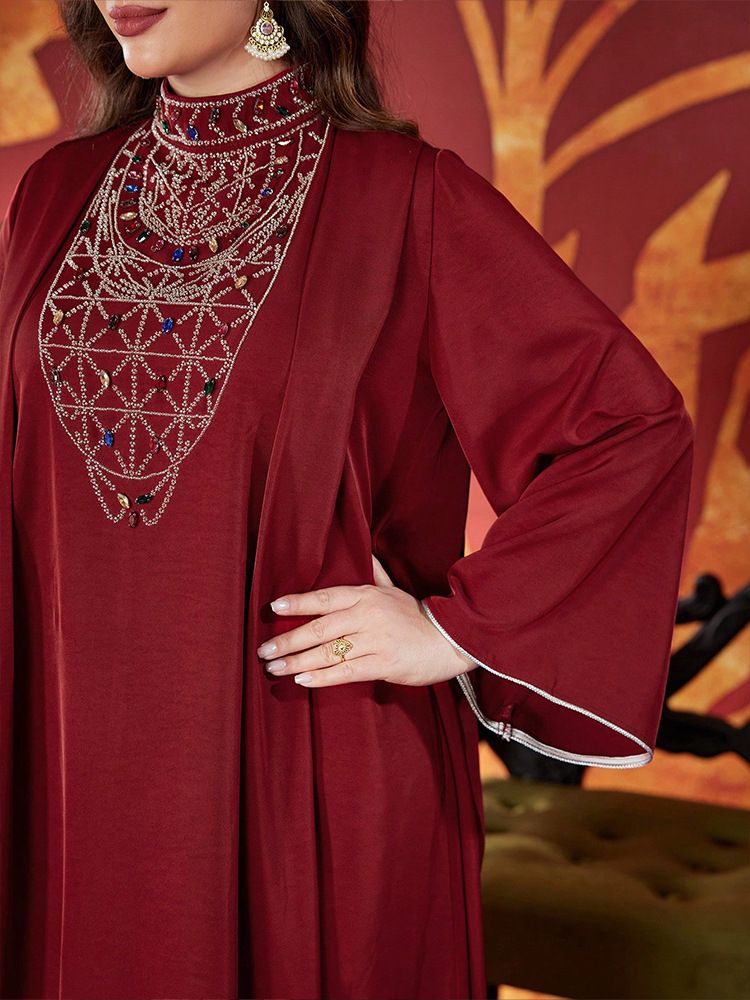 Vestido Abaya muçulmano elegante com bordado de miçangas – Vestido longo e modesto para mulheres, vestido longo evasê plus size, vestido formal com decote em V para noite_voghion.com