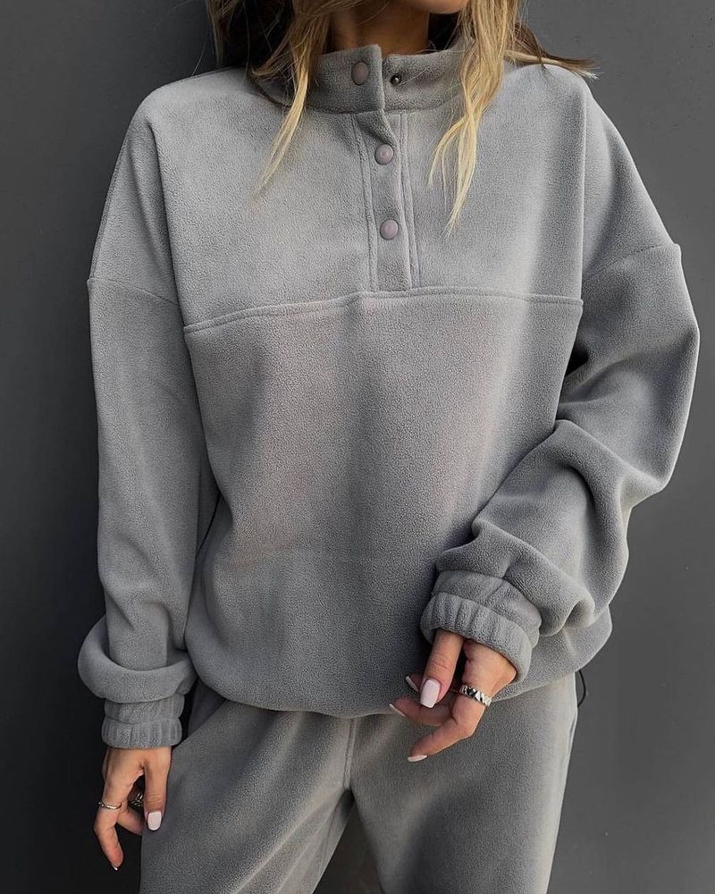 Ensemble deux pièces en polaire pour femme, sweat à capuche et pantalon de survêtement, couleur unie, décontracté, coupe ample, sans capuche, 2025_voghion.com