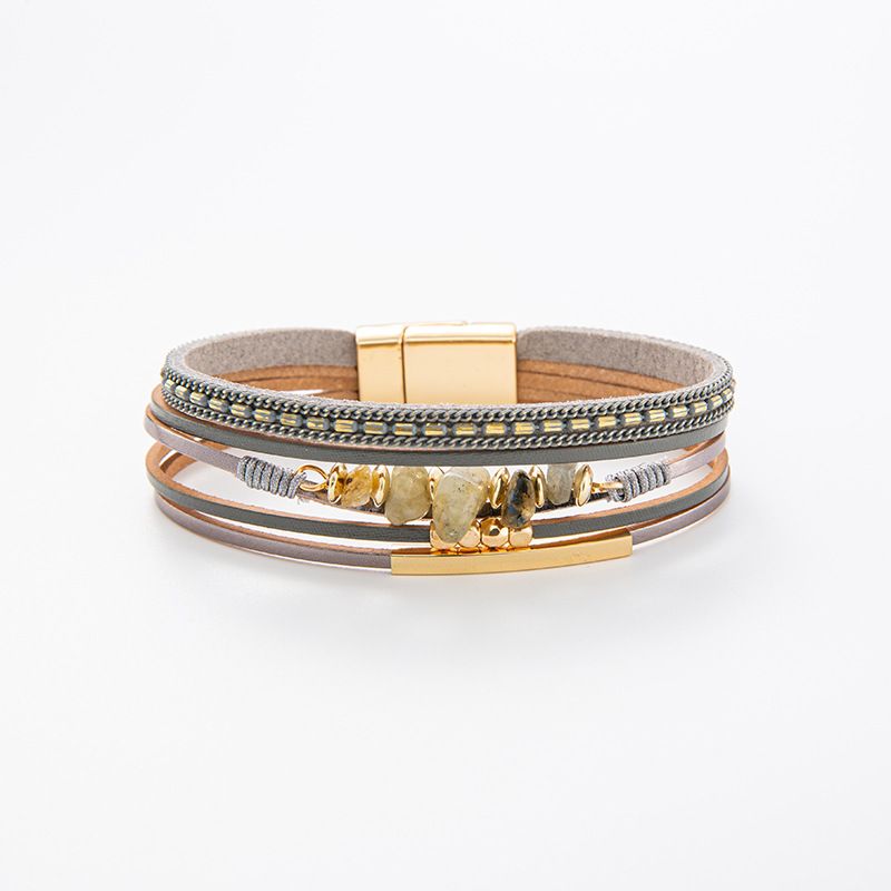 Magnetverschlussarmband für Damen – Mehrschichtiges Design aus Naturstein und Leder (Perfekt für den Strandurlaub im Sommer und als Accessoires im Boho-Stil)_voghion.com