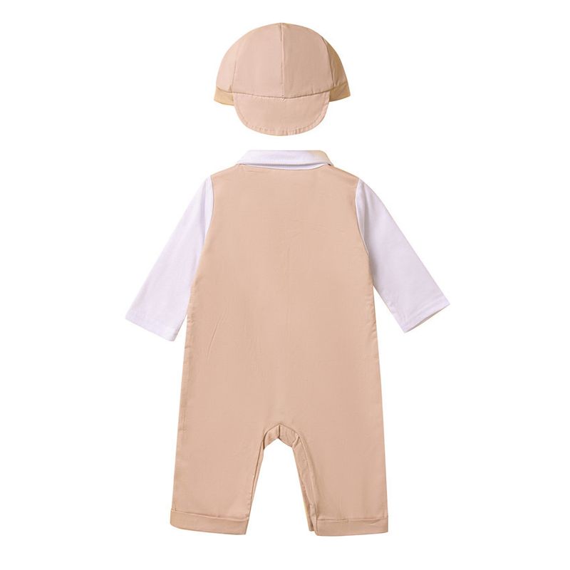 SAMGAMI BABY Ensemble trois pièces pour garçon, version coréenne, barboteuse à manches courtes, gilet et chapeau, blanc, nœud papillon, bretelles_voghion.com