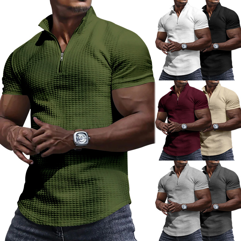 24 Poloshirt mit Stehkragen für Herren, kurzärmelig, einfarbig, kariert, mit Reißverschluss, T-Shirt für den Sommer, lässiges Oberteil_voghion.com