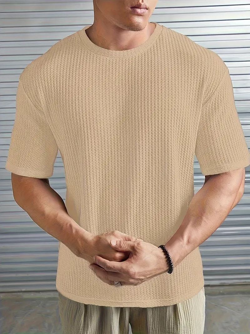 Maglietta da uomo a maniche corte in maglia a girocollo in jacquard tinta unita modello Xiyi Cross Border_voghion.com