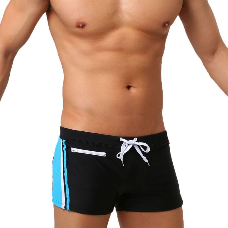 Men's Low-Rise Swim Shorts - Solid Color Contrast Panels With Adjustable Drawstring & Secure Zip (Quick-Dry UPF 50+ & Anti-Slip)_voghion.com