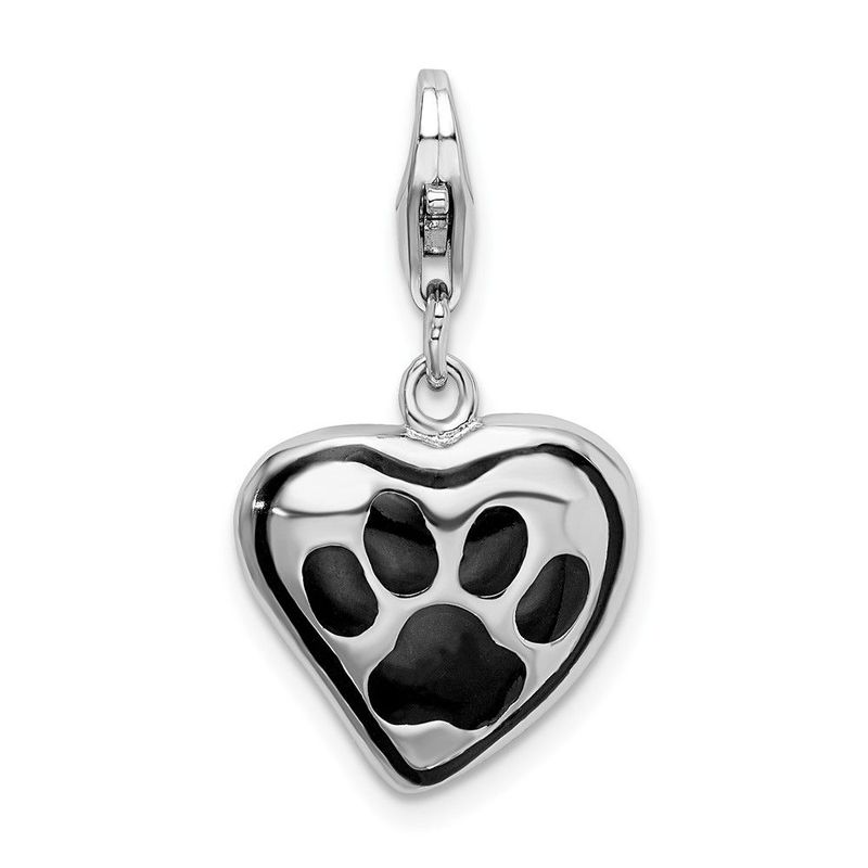 Amore La Vita Sterling Silver Rhodium-plated Polished Enameled Heart With Dog Paw Print Charm_voghion.com