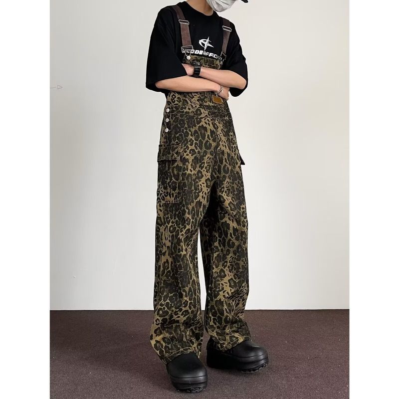 American High Street Leopard Print Denim Overalls For Men In Spring And Autumn, Loose Design, Niche Straight Wide Leg_voghion.com