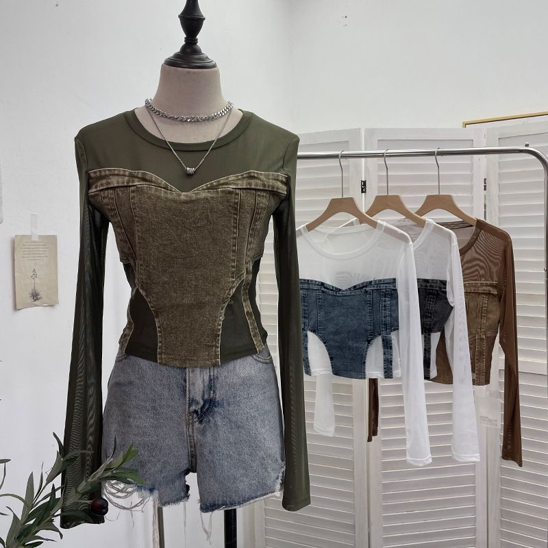 Damenbekleidung Mädchen Design Mesh Splicing Denim Top Langarm Bottoming Shirt Schlankes kurzes Nischen-T-Shirt_voghion.com