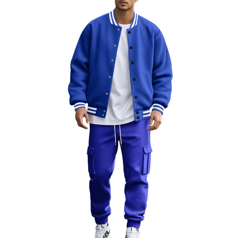 Autumn Winter American Style Stand Collar Baseball Jacket With Fleece Lined Pants Loose Fit Men's Sports Suit_voghion.com