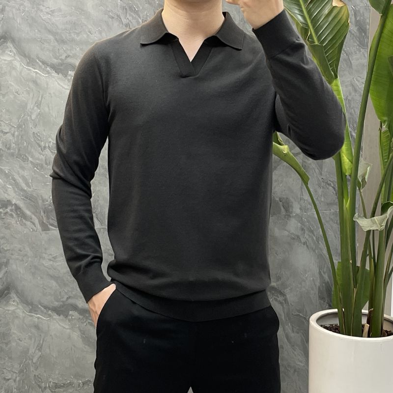 Autumn new high-end Lyocell Tencel wool men's knitted sweater solid color seagull collar long sleeved base polo shirt_voghion.com