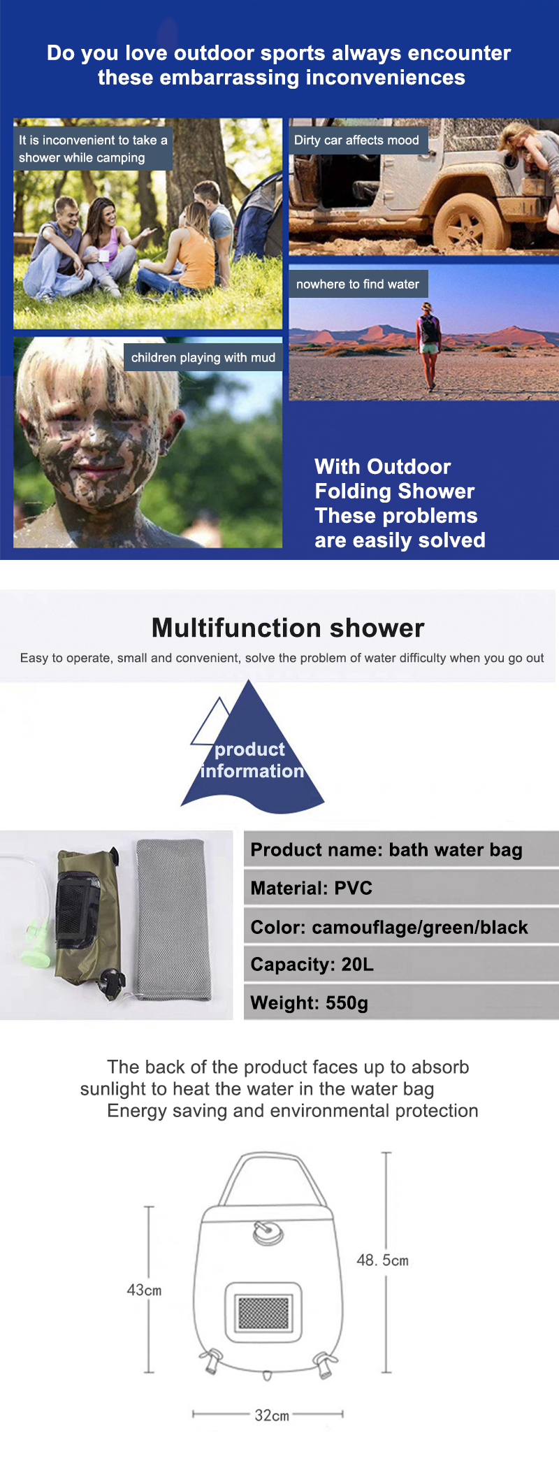 Camping Faltbare tragbare Duschtasche Große Kapazität Badewassertasche Waschwasser-Aufbewahrungstasche Solarthermometer Wasseraufbewahrungstasche_voghion.com