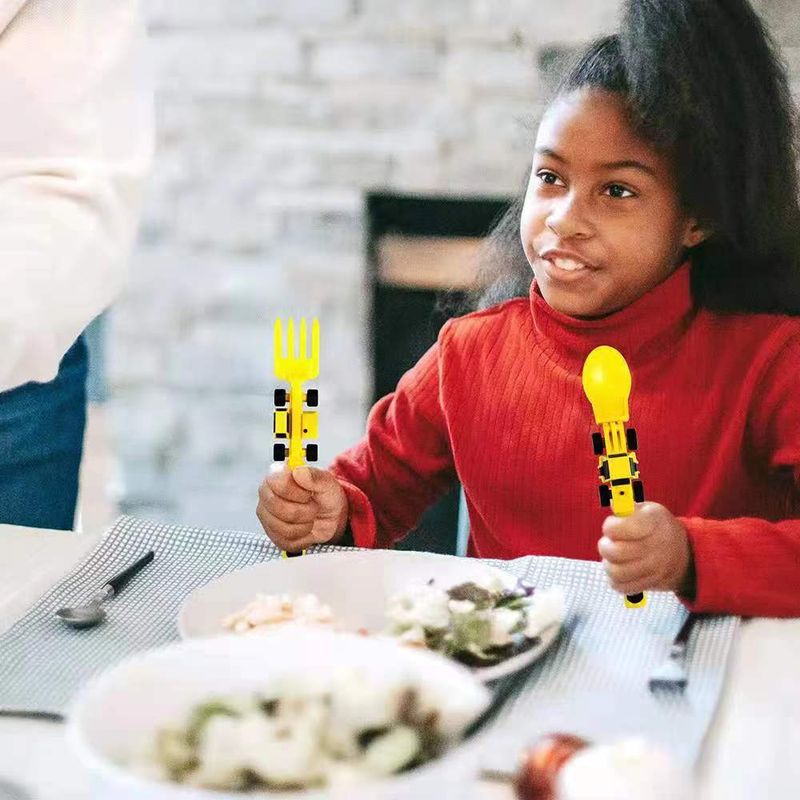 Set di stoviglie per bambini con veicoli da costruzione: 3 pezzi: bulldozer, escavatore, carrello elevatore, piatto e posate per bambini piccoli_voghion.com