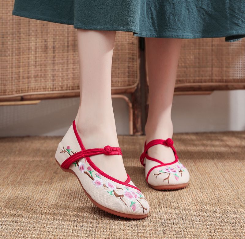 Scarpe da ballo quadrato in tessuto ricamato, con punta bassa, tacco basso, scarpe singole da donna primaverili e autunnali_voghion.com