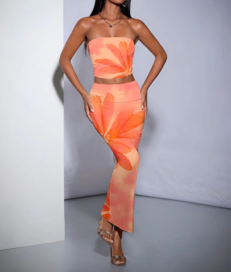 Dameskleding Mode Bloemenprint Multi Color Temperament Slim Fit Tube Top Heup Lange Rok Pak_voghion.com