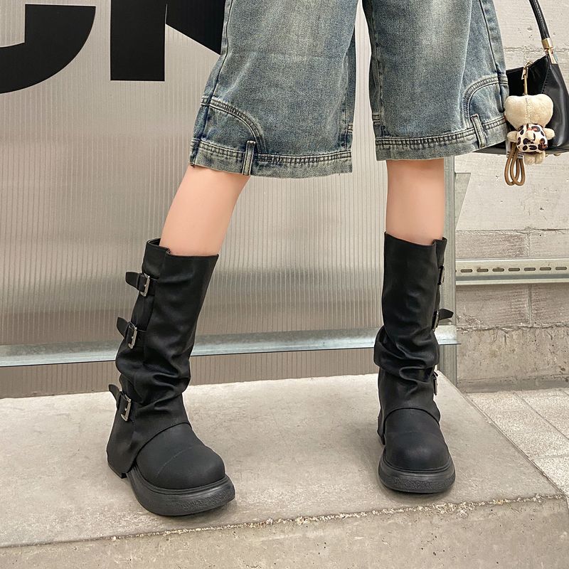 Spicy Girl Wasteland Style 2025 Primavera e Autunno Nuovi stivali da donna Melard con risvolto corto e plissettato_voghion.com