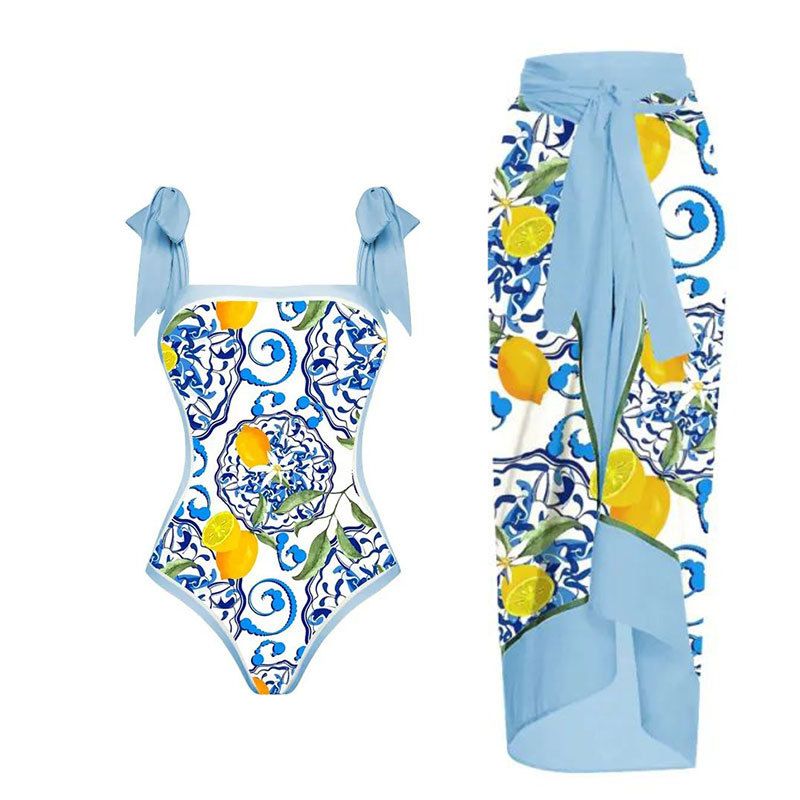 Damenbekleidung Retro Bedruckter Badeanzug Konservativer Einteiler Chiffonbluse Zweiteiliger Badeanzug_voghion.com