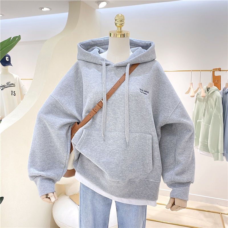 Felpa con cappuccio da donna in velluto ispessito 2021 autunno e inverno nuovo articolo unito fk due pezzi versione coreana semplice_voghion.com