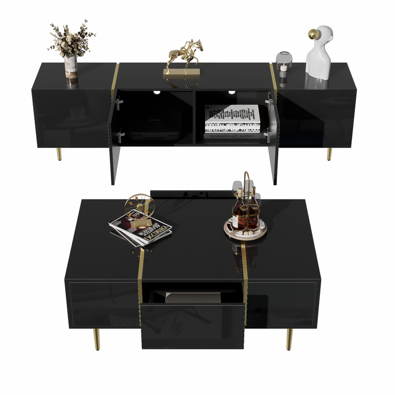 Ensemble meuble TV et table basse noir brillant moderne_voghion.com