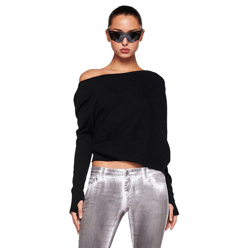 Damenbekleidung Schulterpullover T-Shirt für Frauen Lose Casual Slim All Match Tops_voghion.com