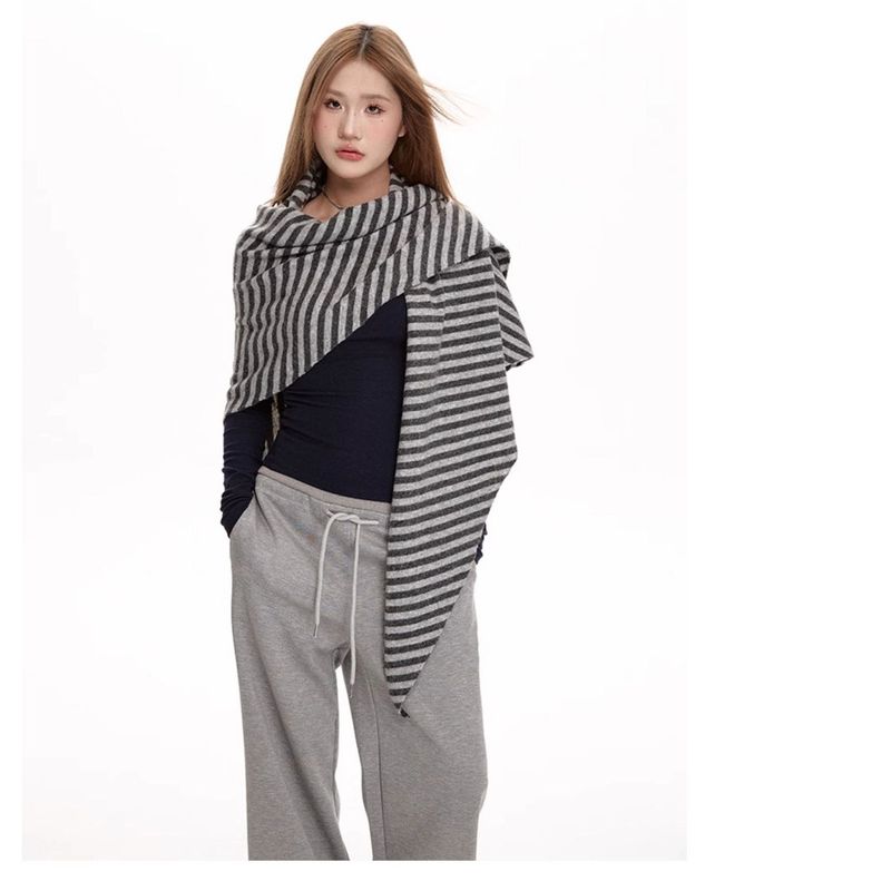 Striped Sweater Shawl Women, Zoom Autumn New, Warm Triangle Hundred With High-end, Outside The Knitted Scarf Suitable For Ladies_voghion.com