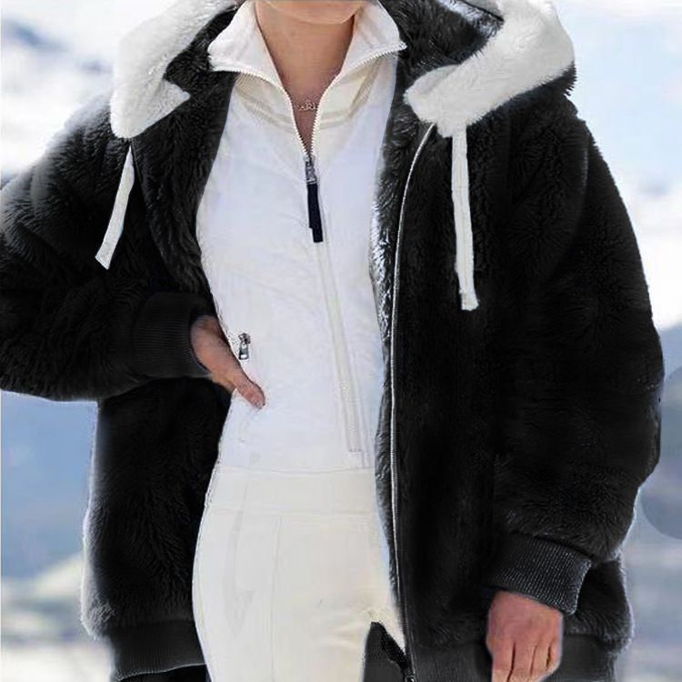 Damenbekleidung neue Herbst- und Winterjacke mit lockerer Plüsch-Kapuze und Reißverschluss für Damen_voghion.com